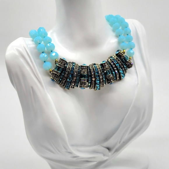 Heidi Daus Aquamarine Swarovski Crystal Horizontal Art Deco Pendant Necklace - Picture 8 of 14